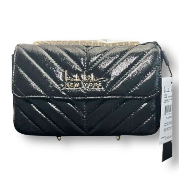 Nicole Miller NWT Black Quilted Crossbody Bag Chevron Gold Chain Strap Purse - Picture 1 of 12